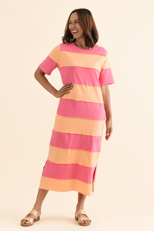 Bold Peach Stripe Cotton Tee Dress,Full Body,Brunette model,alt text|model:Cara