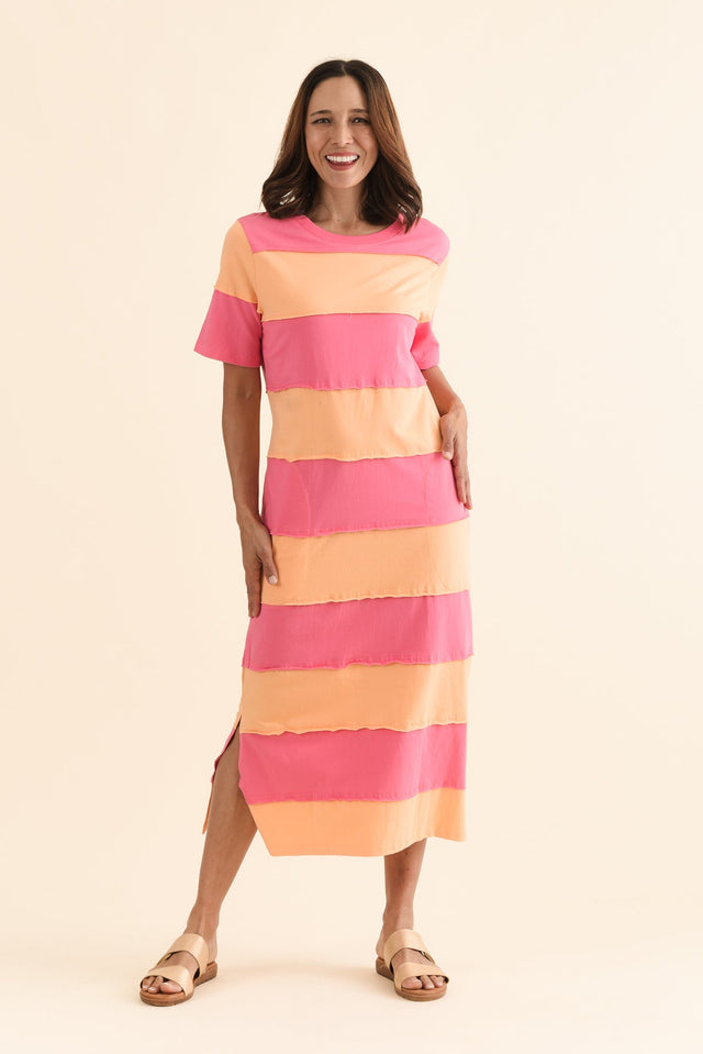 Bold Peach Stripe Cotton Tee Dress,Front,Brunette model,alt text|model:Cara