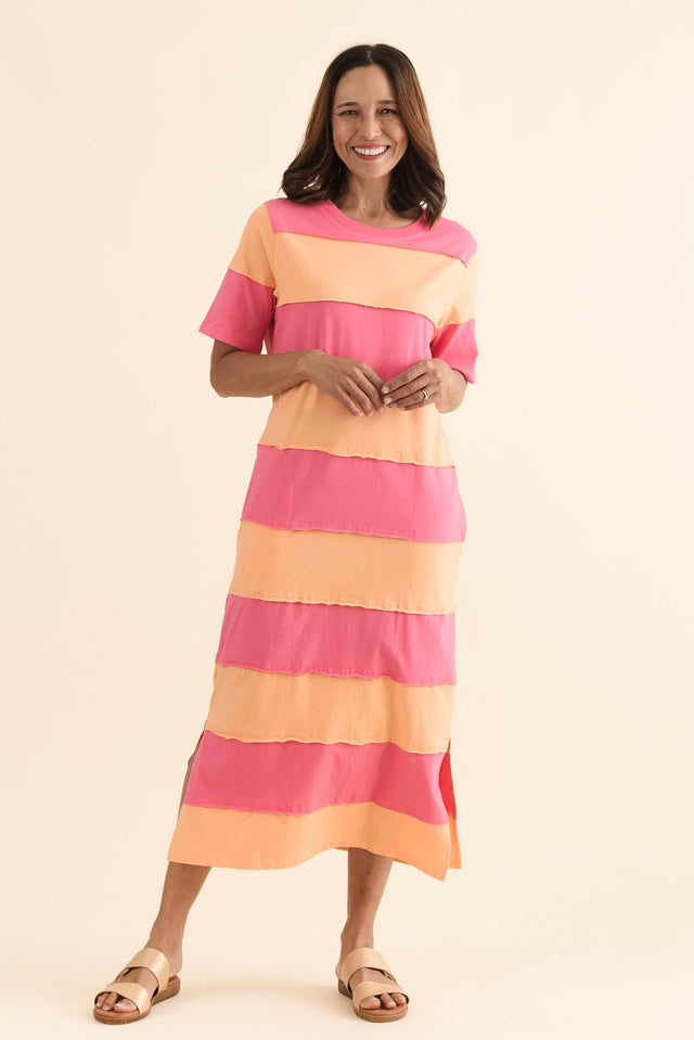 Bold Peach Stripe Cotton Tee Dress,Full Body,Brunette model,alt text|model:Cara image 6