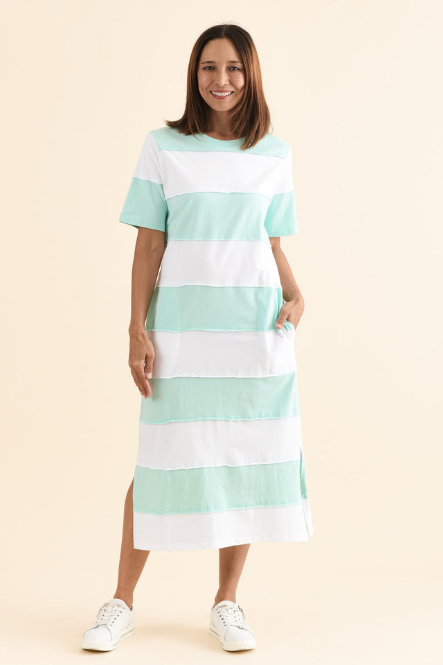 Bold Sky Blue Stripe Cotton Tee Dress,Front,Brunette model,alt text|model:Cara image 1
