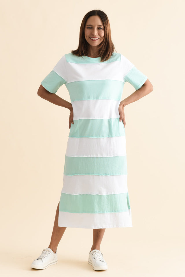 Bold Sky Blue Stripe Cotton Tee Dress,Full Body,Brunette model,alt text|model:Cara image 6