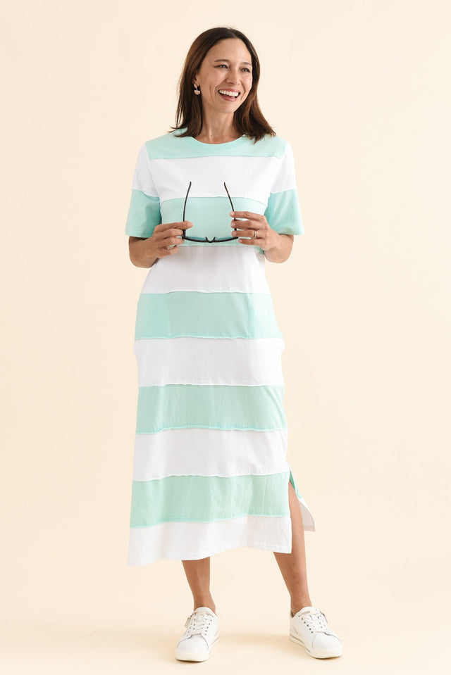 Bold Sky Blue Stripe Cotton Tee Dress,Full Body,Brunette model,alt text|model:Cara image 2