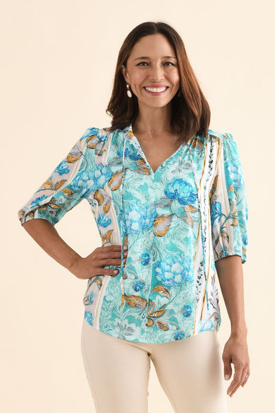 Boreen Blue Floral Button Top