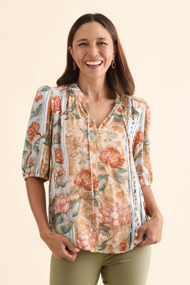 Boreen Orange Garden Button Top,Front,Brunette model,alt text|model:Cara image 1