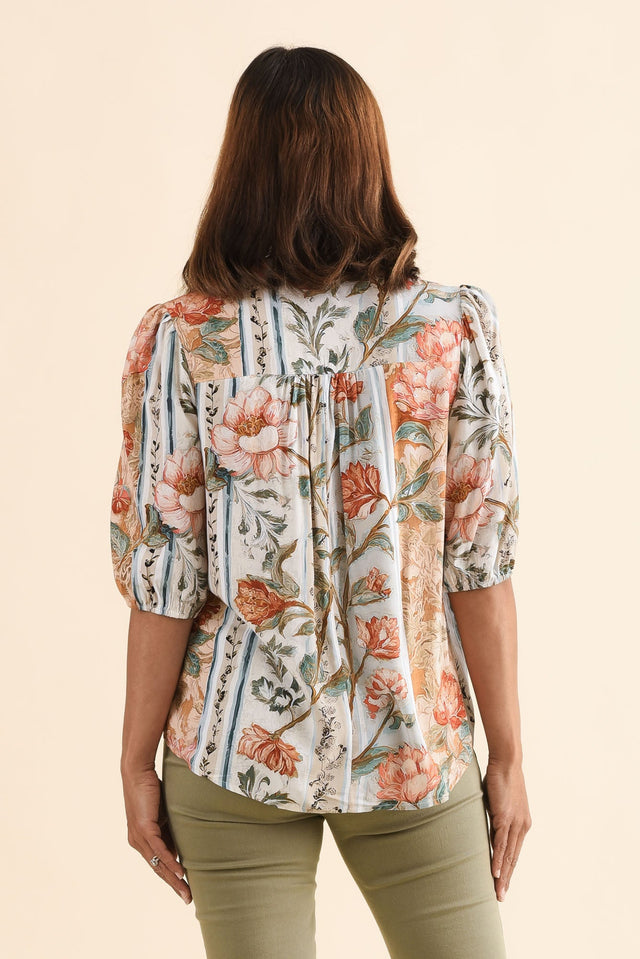 Boreen Orange Garden Button Top,Back,Brunette model,alt text|model:Cara image 4