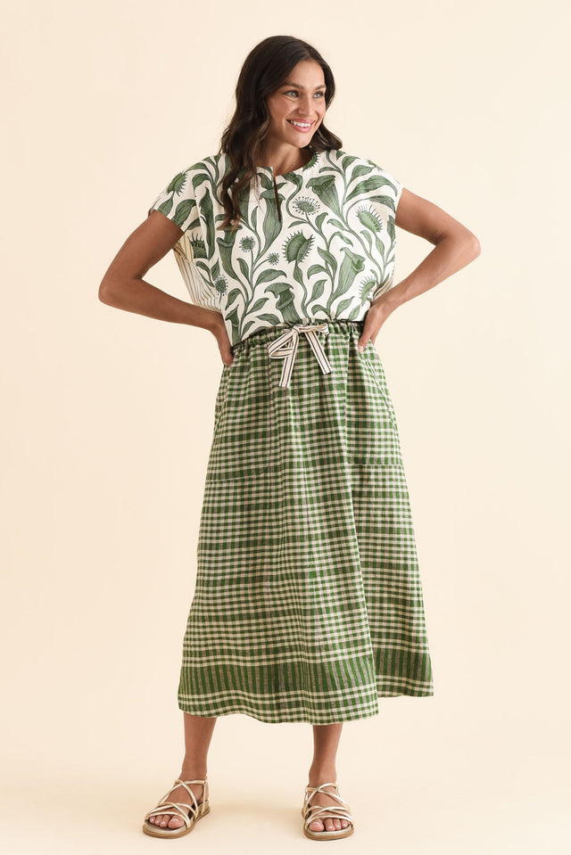Lume Green Check Linen Maxi Skirt,Full Body,Brunette model,alt text|model:Brontie