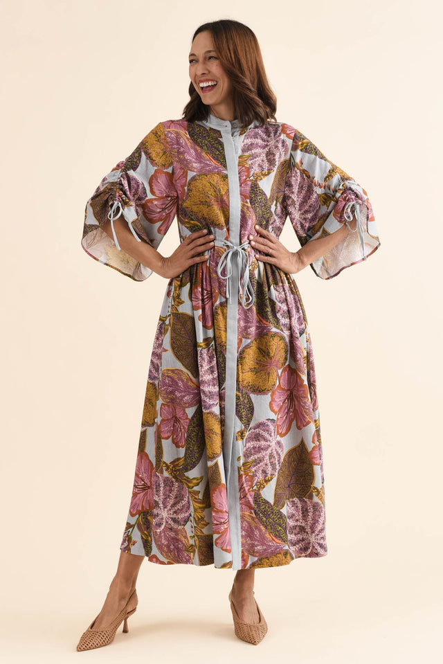 Botanica Purple Leaf Button Dress,Full Body,Brunette model,alt text|model:Cara image 2