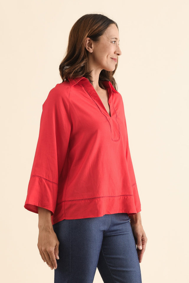 Brayden Red Collared Blouse,Side,Brunette model,alt text|model:Cara image 3