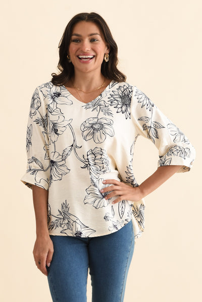 Breanne Navy Flower Button Top