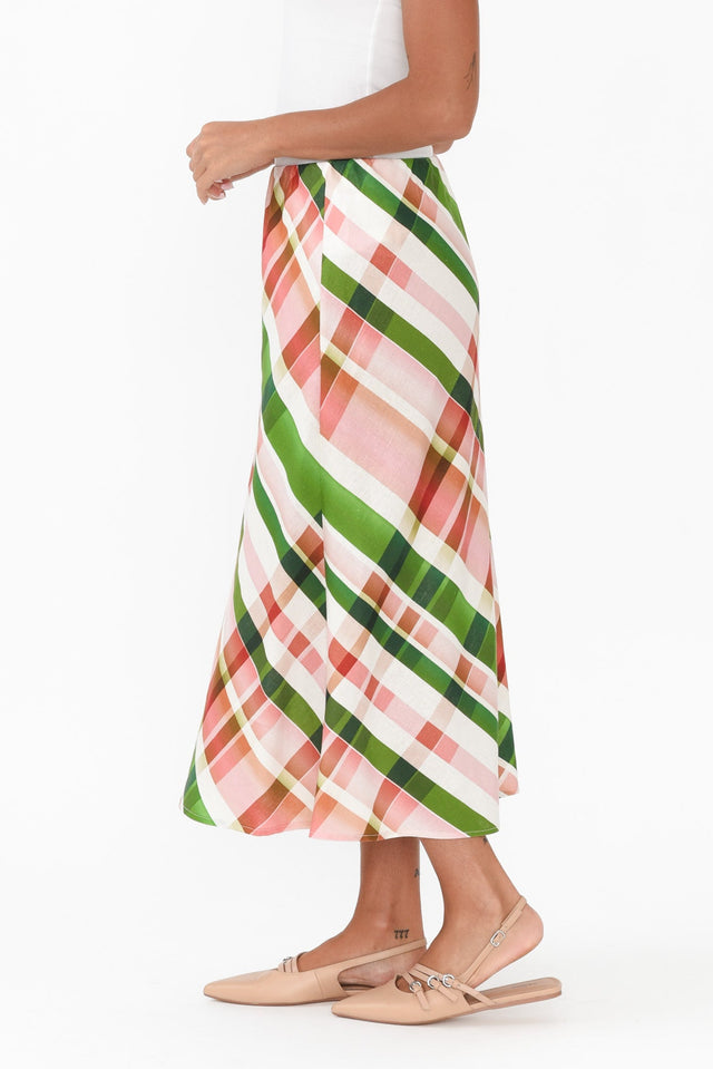 Bree Pink Check Linen Blend Skirt,Brunette model,alt text|model:Brontie image 3