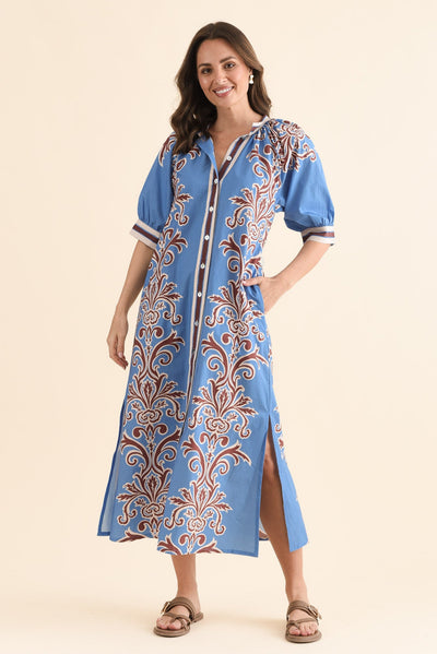 Brianne Blue Abstract Cotton Tie Dress
