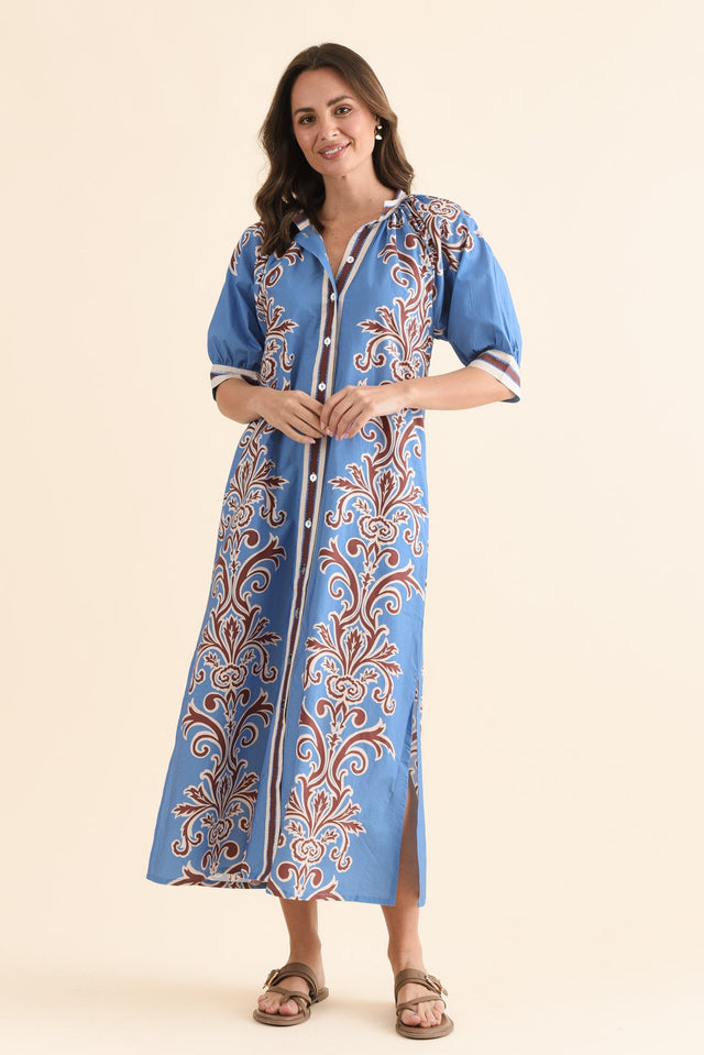 Brianne Blue Abstract Cotton Tie Dress,Full Body,Brunette model,alt text|model:MJ image 6