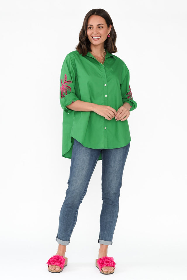 Briella Green Palm Cotton Shirt,Brunette model,alt text|model:MJ image 4