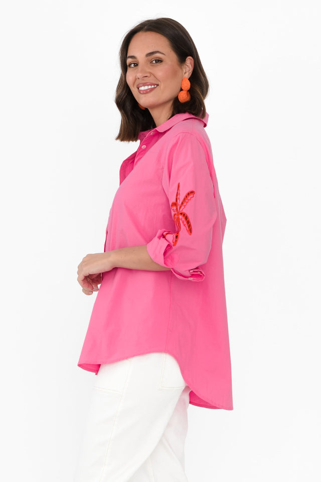 Briella Pink Palm Cotton Shirt,Brunette model,alt text|model:MJ image 4