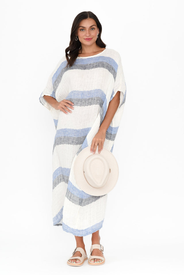 Brinley Navy Stripe Linen Dress,Brunette model,alt text|model:Brontie