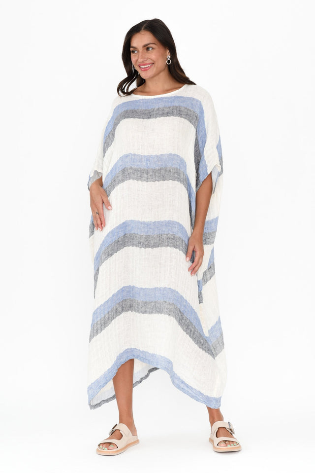 Brinley Navy Stripe Linen Dress,Brunette model,alt text|model:Brontie