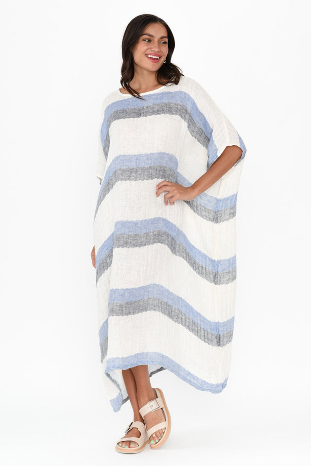 Brinley Navy Stripe Linen Dress,Brunette model,alt text|model:Brontie image 6