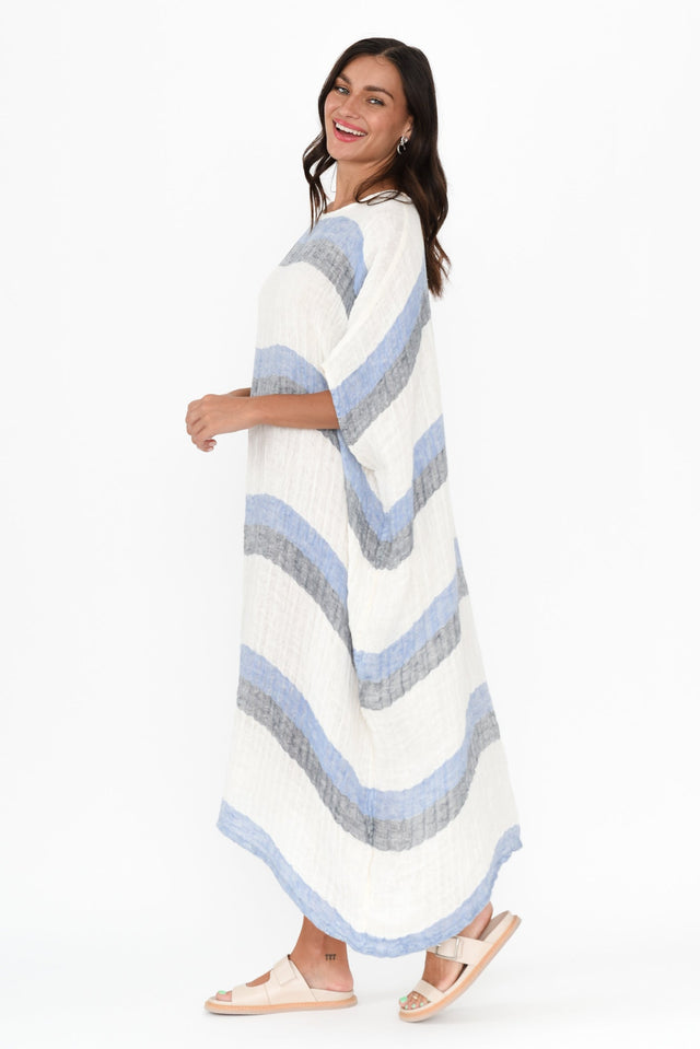 Brinley Navy Stripe Linen Dress,Brunette model,alt text|model:Brontie image 3