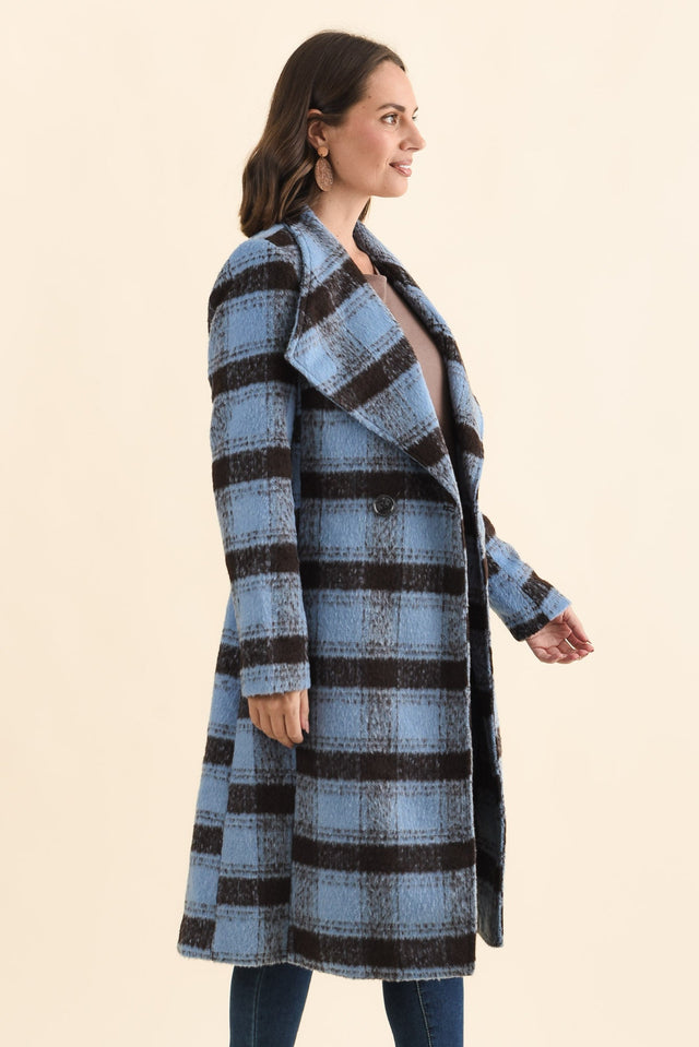 Britney Blue Check Collared Coat,Brunette model,alt text|model:MJ image 4