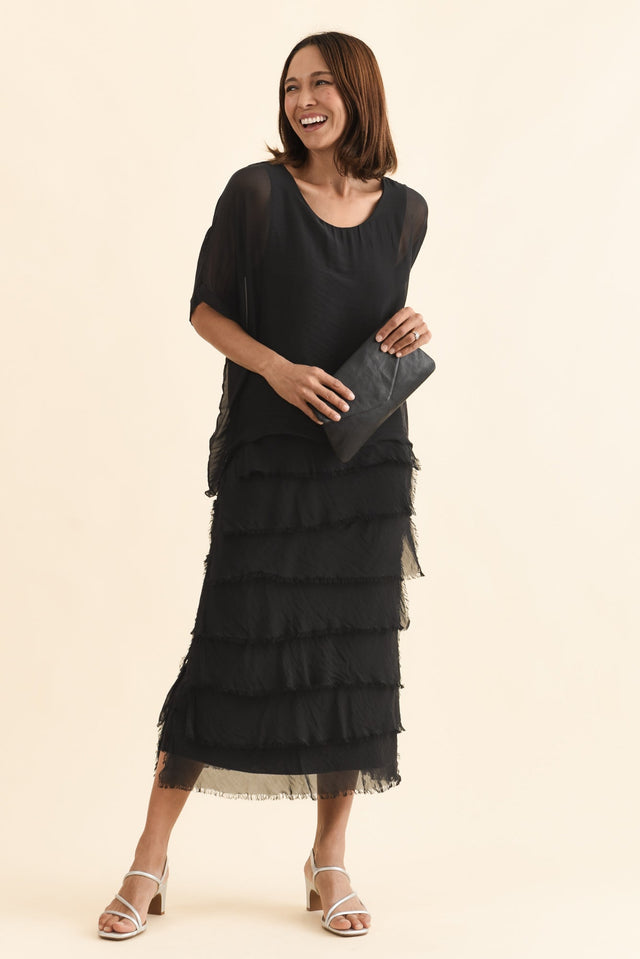 Britt Black Silk Layer Dress,Front,Brunette model,alt text|model:Cara image 1