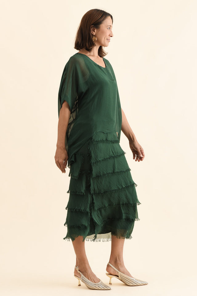 Britt Green Silk Layer Dress,Side,Brunette model,alt text|model:Cara image 4