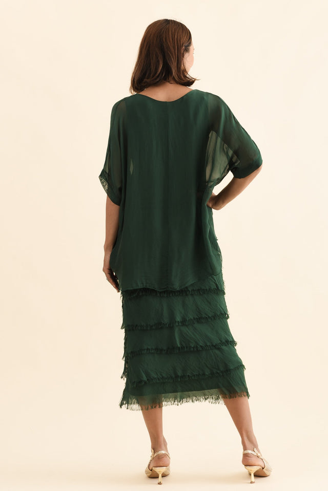 Britt Green Silk Layer Dress,Back,Brunette model,alt text|model:Cara image 5