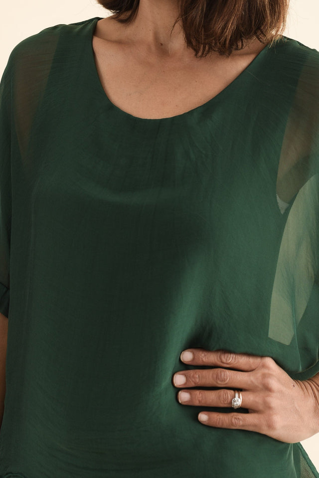 Britt Green Silk Layer Dress,Detail,Brunette model,alt text|model:Cara image 6