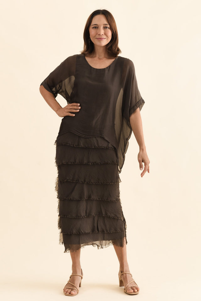 Britt Chocolate Silk Layer Dress,Front,Brunette model,alt text|model:Cara image 1
