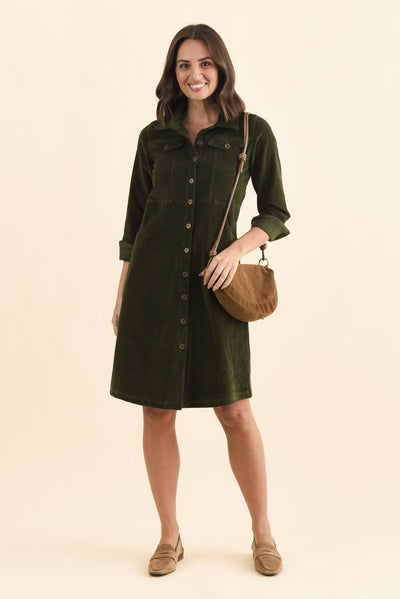 Bronwyn Forest Green Corduroy Button Dress