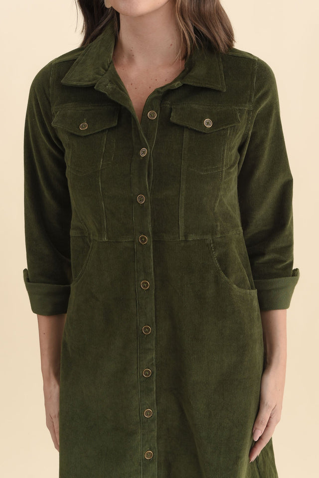 Bronwyn Forest Green Corduroy Button Dress,Brunette model,alt text|model:MJ image 6