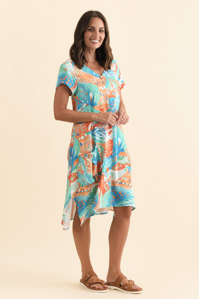 Bryant Orange Swirl Linen Cotton Dress,Brunette model,alt text|model:MJ image 4