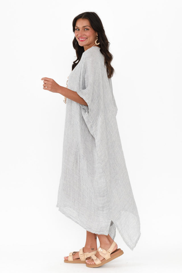 Buffy Light Blue Stripe Linen Kaftan,Brunette model,alt text|model:Brontie image 5