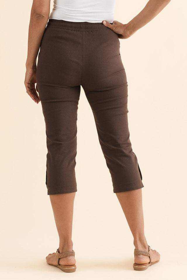 Bulimba Chocolate Cotton Capri Pants,Back,Brunette model,alt text|model:Cara image 5