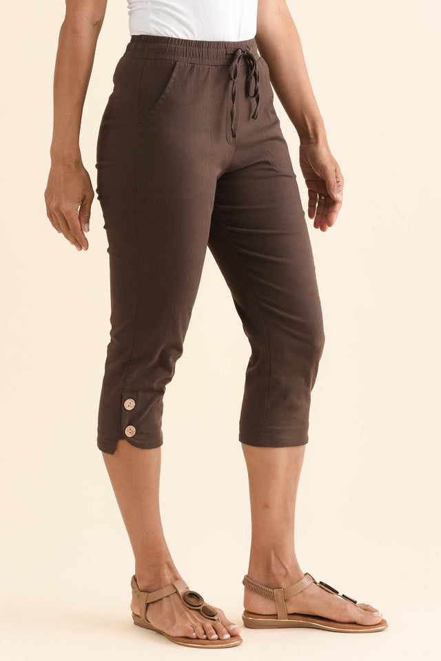Bulimba Chocolate Cotton Capri Pants,Side,Brunette model,alt text|model:Cara image 4