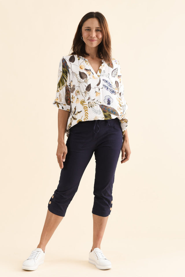Bulimba Navy Cotton Capri Pants,Full Body,Brunette model,alt text|model:Cara image 2
