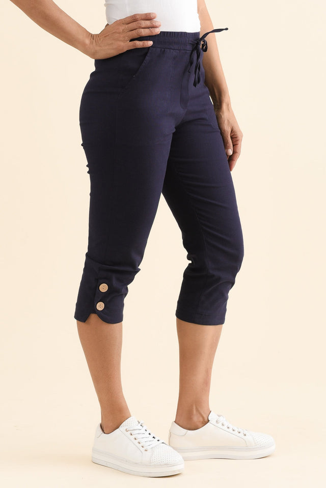 Bulimba Navy Cotton Capri Pants,Side,Brunette model,alt text|model:Cara image 3