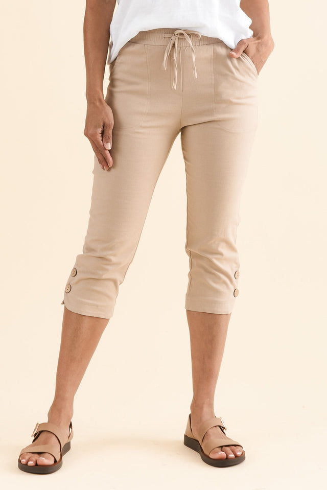 Bulimba Stone Cotton Capri Pants,Front,Brunette model,alt text|model:Cara image 1