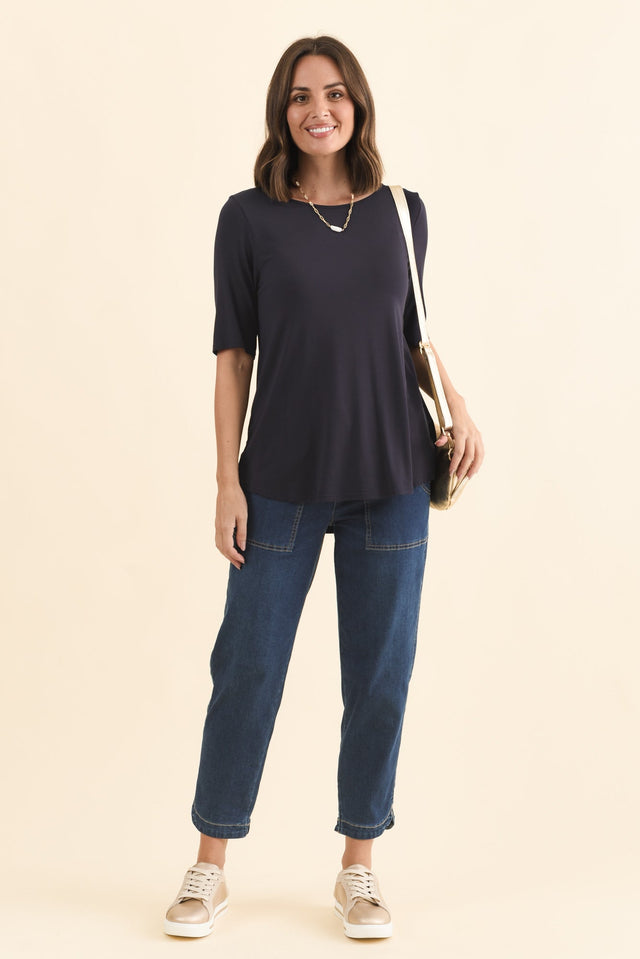 Buttery Navy Half Sleeve Top,Brunette model,alt text|model:MJ