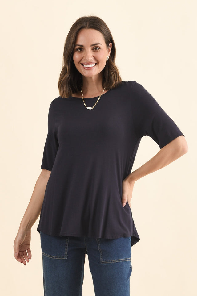 Buttery Navy Half Sleeve Top,Brunette model,alt text|model:MJ