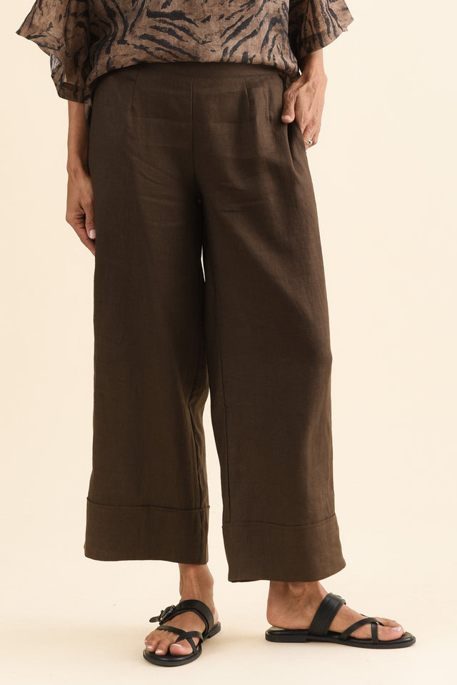 Cady Chocolate Linen Pants,Front,Brunette model,alt text|model:Cara image 1