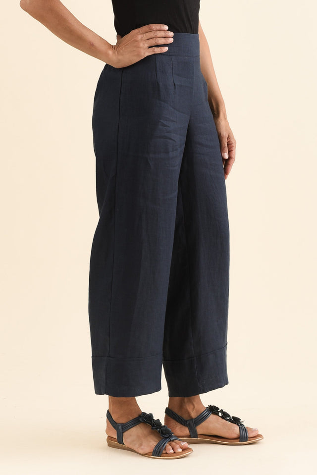 Cady Navy Linen Pants,Side,Brunette model,alt text|model:Cara image 3