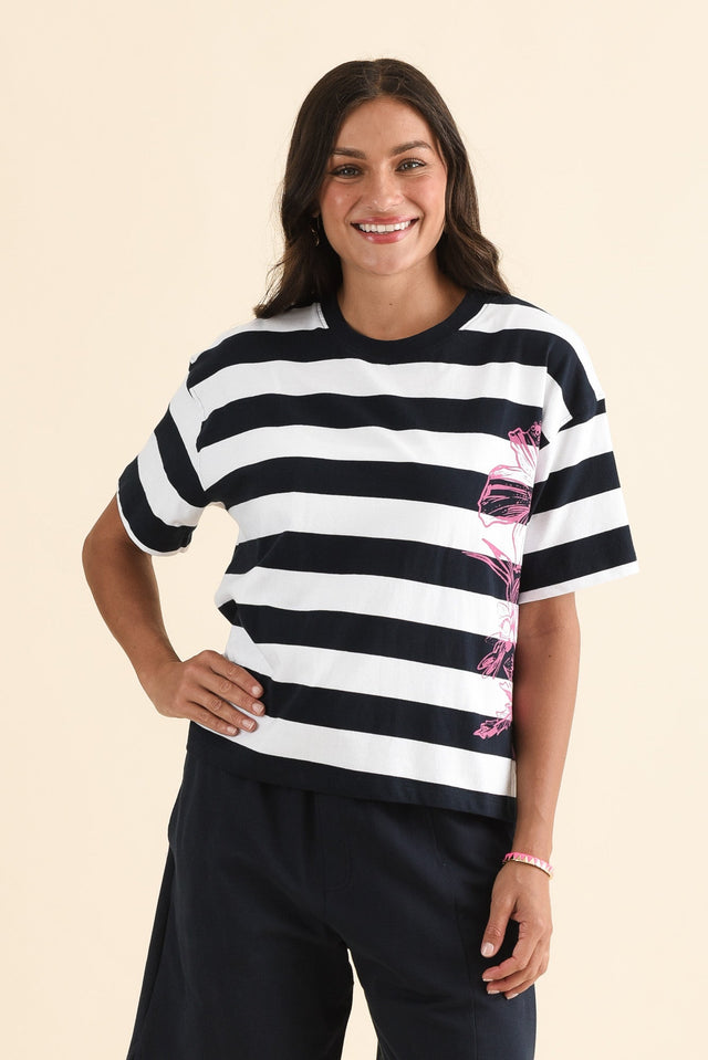Caju Navy Stripe Cotton Tee,Front,Brunette model,alt text|model:Brontie