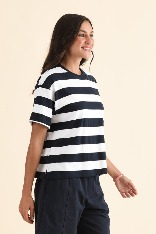 Caju Navy Stripe Cotton Tee,Side,Brunette model,alt text|model:Brontie image 3