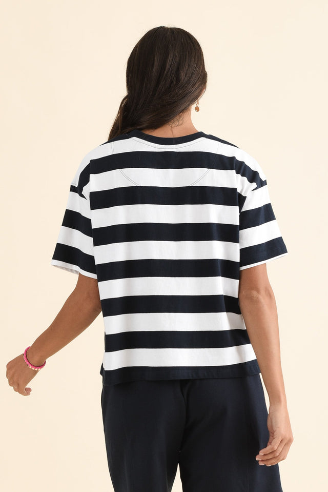 Caju Navy Stripe Cotton Tee,Back,Brunette model,alt text|model:Brontie image 4