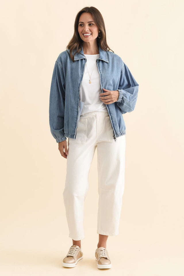 Callie Blue Denim Bomber Jacket,Brunette model,alt text|model:MJ image 8