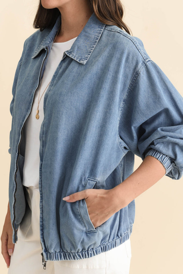 Callie Blue Denim Bomber Jacket,Brunette model,alt text|model:MJ image 7