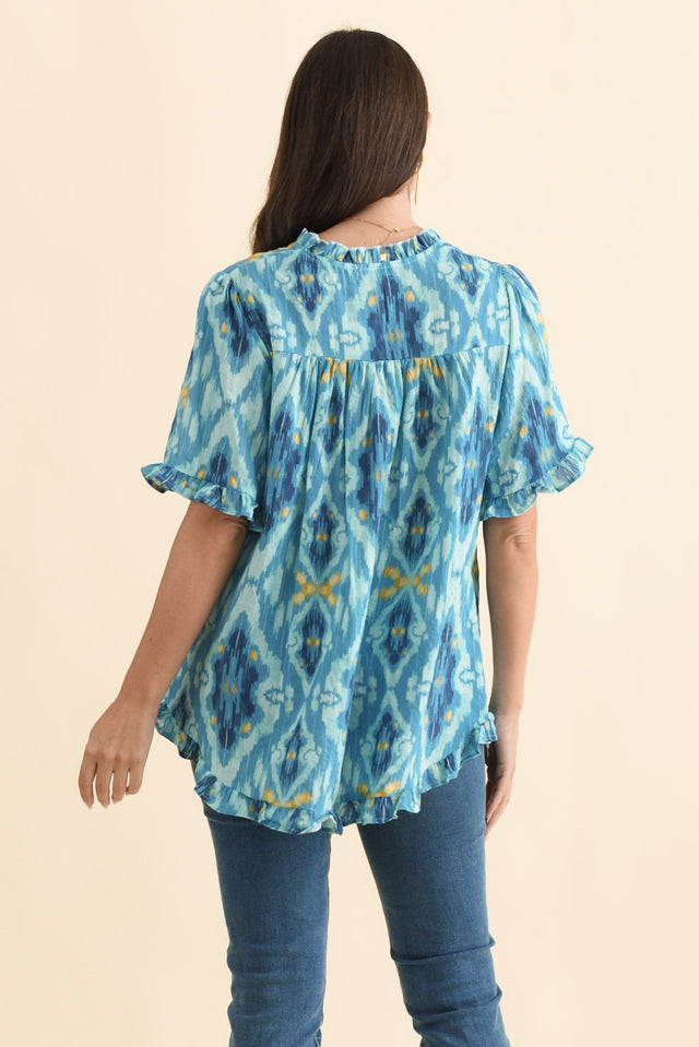 Calm Blue Diamond Ruffle Top,Brunette model,alt text|model:MJ image 5