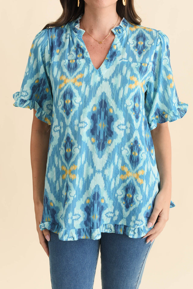 Calm Blue Diamond Ruffle Top,Brunette model,alt text|model:MJ image 6