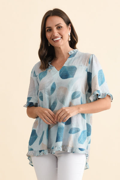 Calm Blue Leaf Ruffle Top