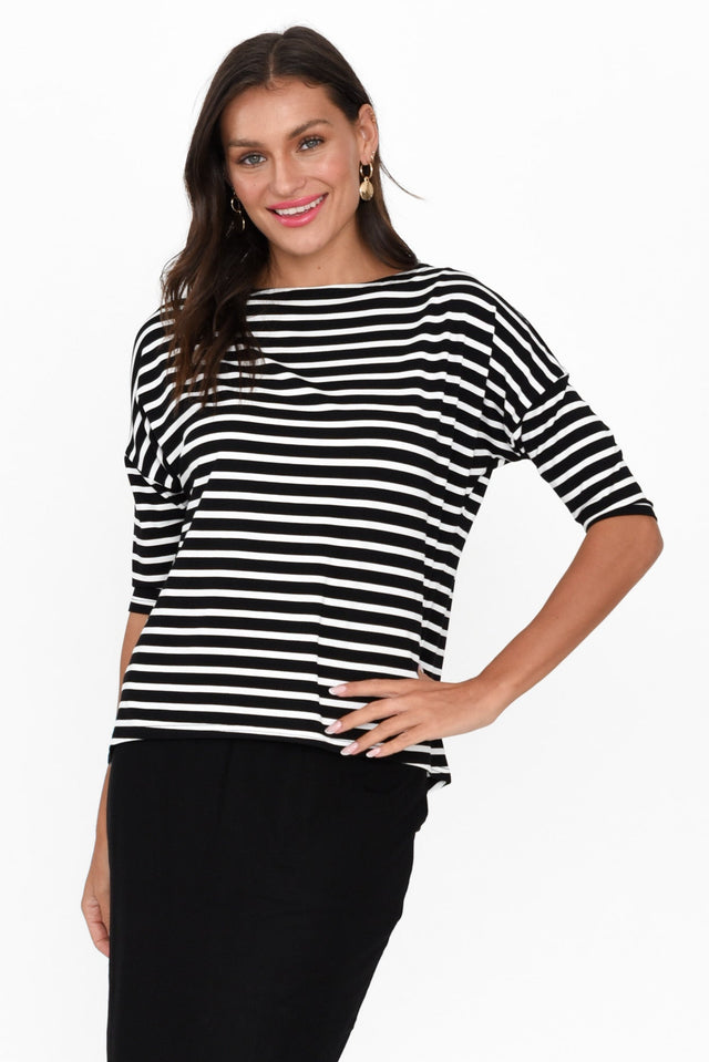 explore-8th-november-colour-capsule Camila Black Stripe Bamboo Top neckline_Round alt text|model:Brontie image 3